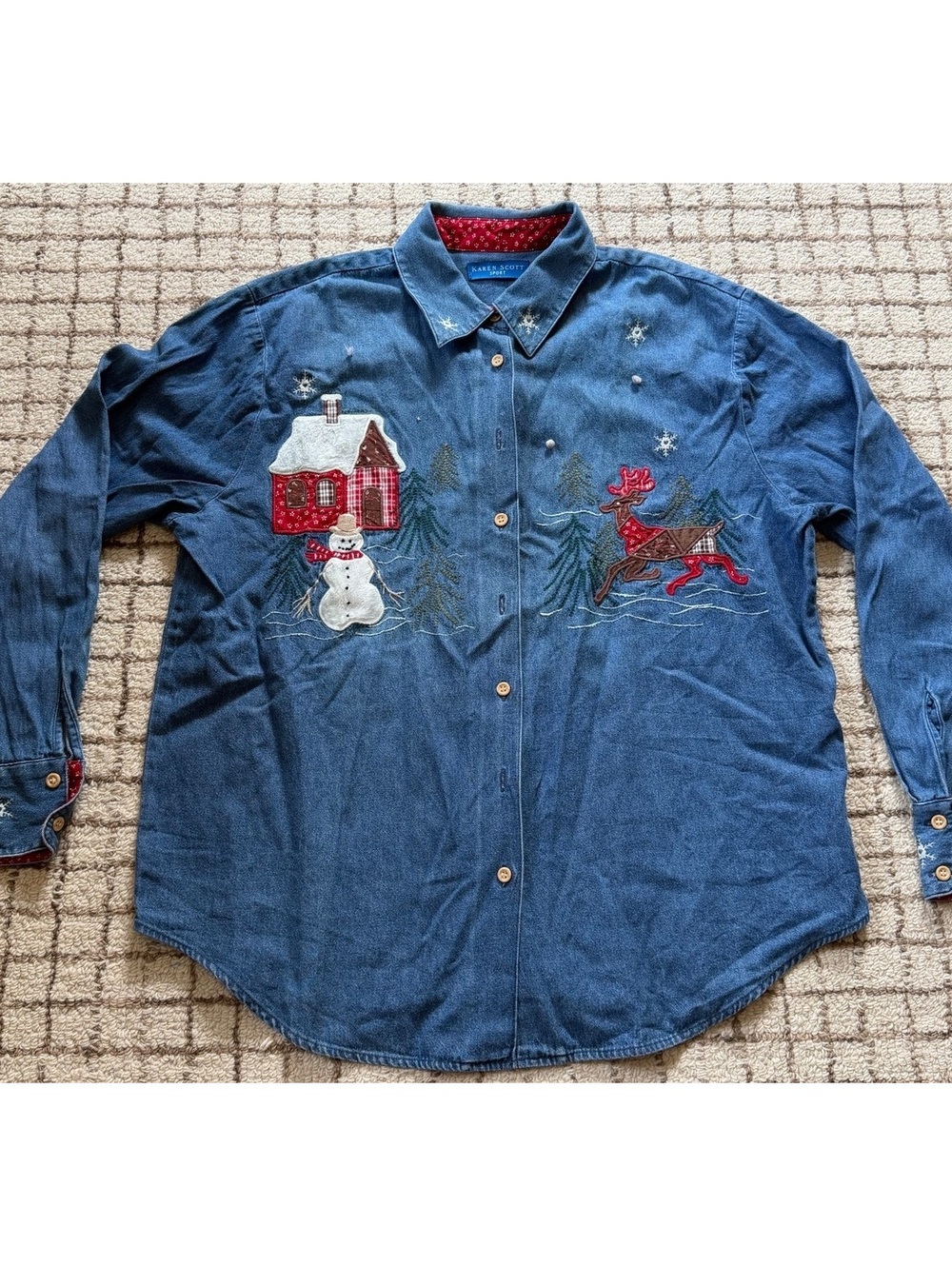 Vintage Womens Christmas snowman winter grandma grannycore denim Karen Scott top